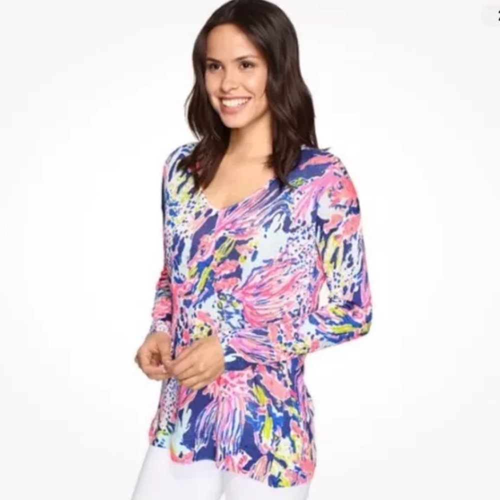 Lilly Pulitzer LIESEL SWEATER Indigo Sunken Treasure V Neck Size Small  Linen